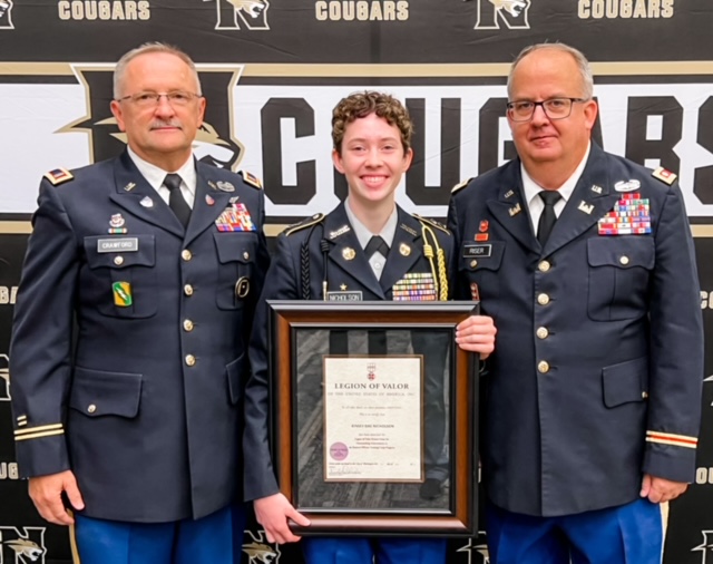 Cadet Nicholoson with SAI, LTC(R) Ellis Riser and AI CW4 (R) Robin Crawford