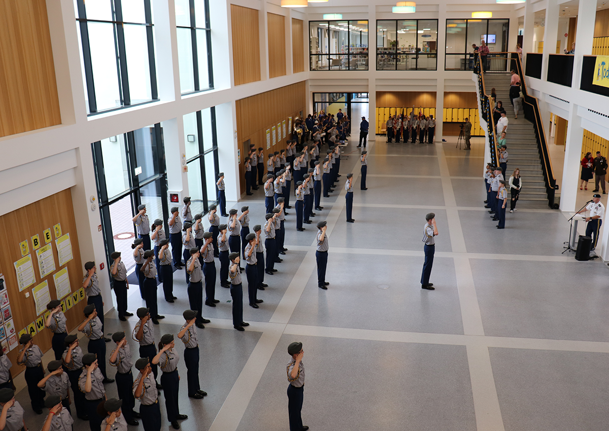 Color Guard from left to right consisting of Cadets Nathaniel Griffis, Joseph Hurt, Delaney Hodges, Dean Tevebaugh, Angel Contreras, and Jacob Barnes