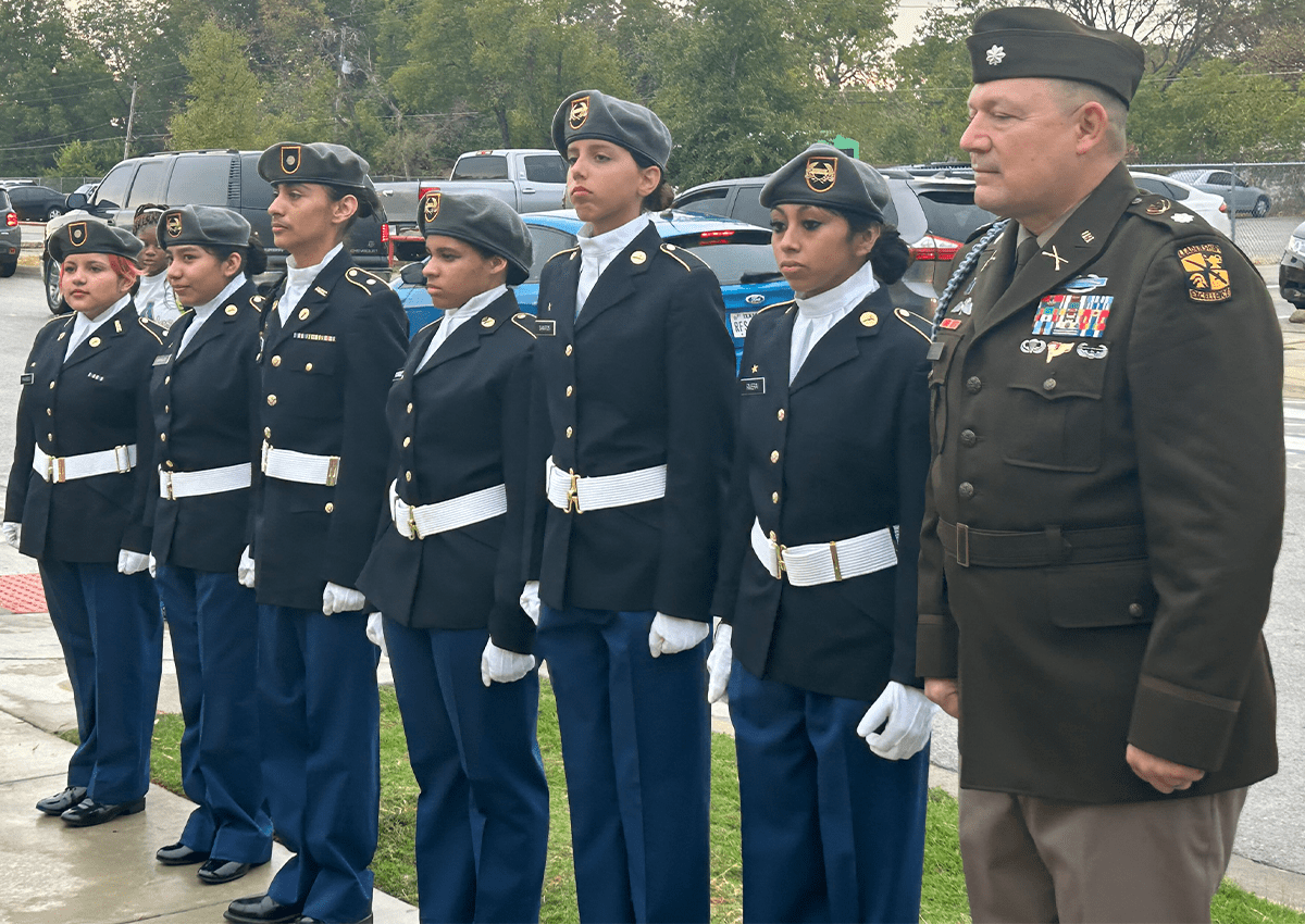 LTC(R) Patrick Fugere, SAI and Cadets of the Eagle Battalion looks on during the ceremony