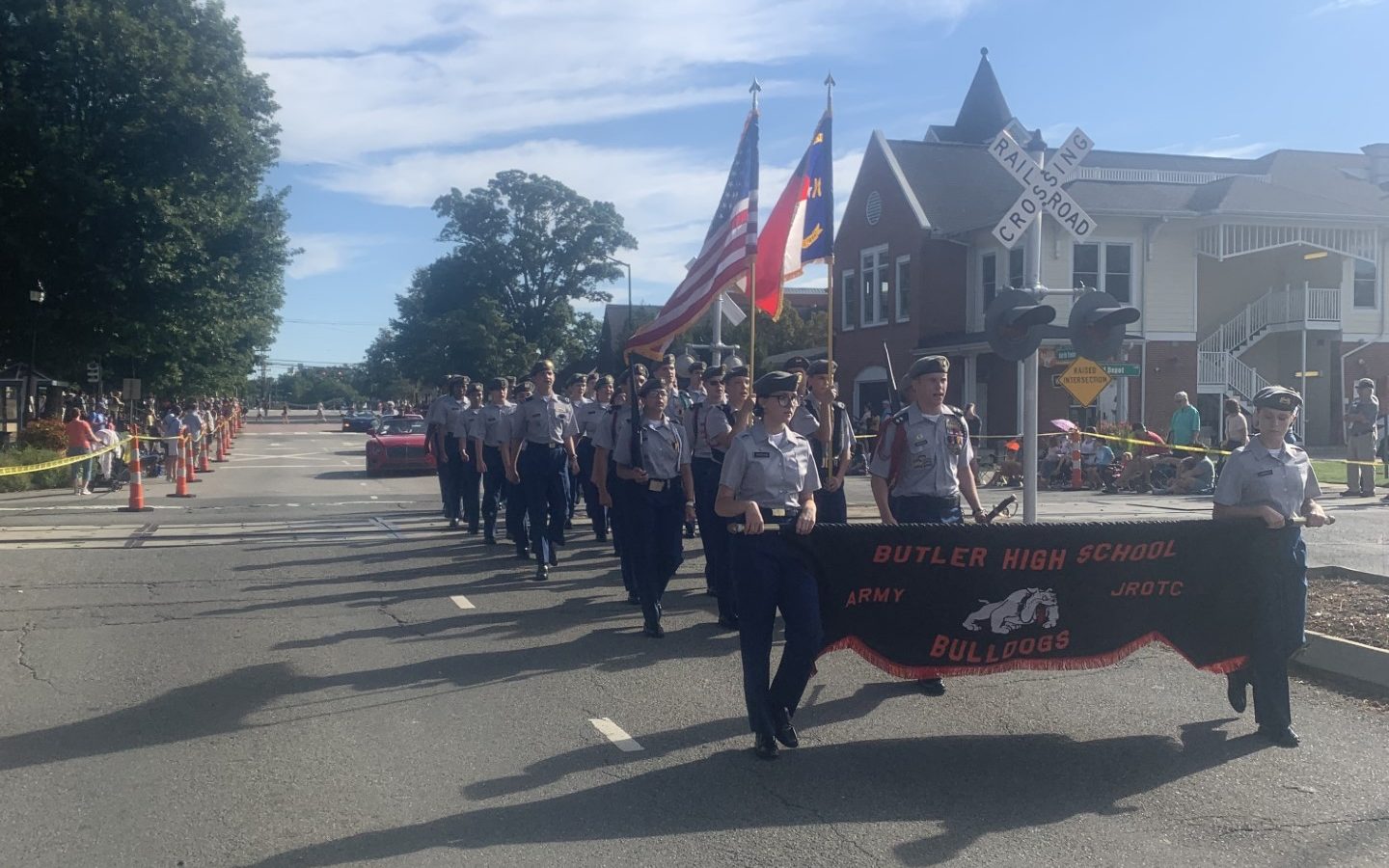 Bulter High School JROTC Bulldog Battalion marching through downtown Matthews, NC
