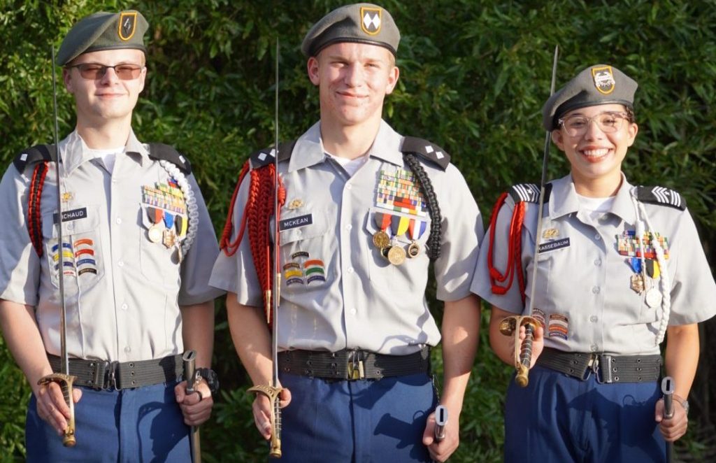 JROTC Cadet Leadership; Executive Officer, Major Noah Michaud, Lieutenant Colonel Will McKean, and Command Sergeant Major Oliva Kasselbaum