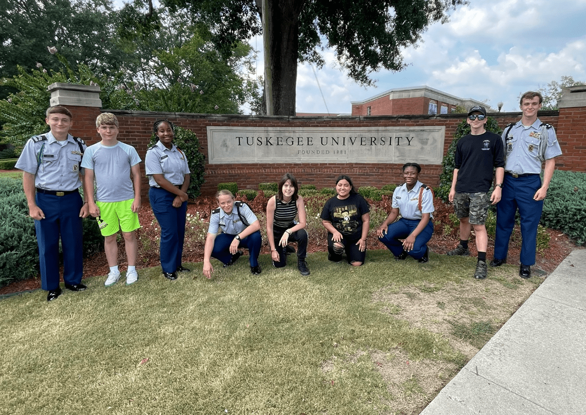 Cadets Lukas, Fowler, Hosley, Means, Wood, Hauto-Morales, Williamsom, Bracken and Irvin tour Tuskegee University.