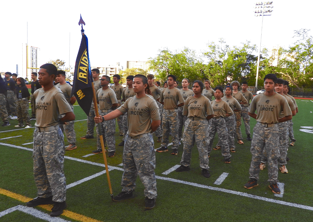 Mililani High School Trojans line up for the Presentations of the Colors