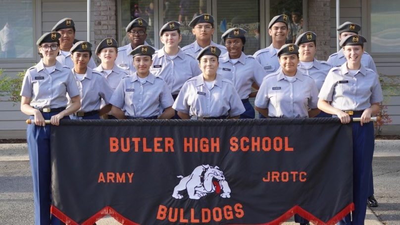 LET 1 cadets marching in the 2023 Matthews Alive Parade, Matthews, NC.