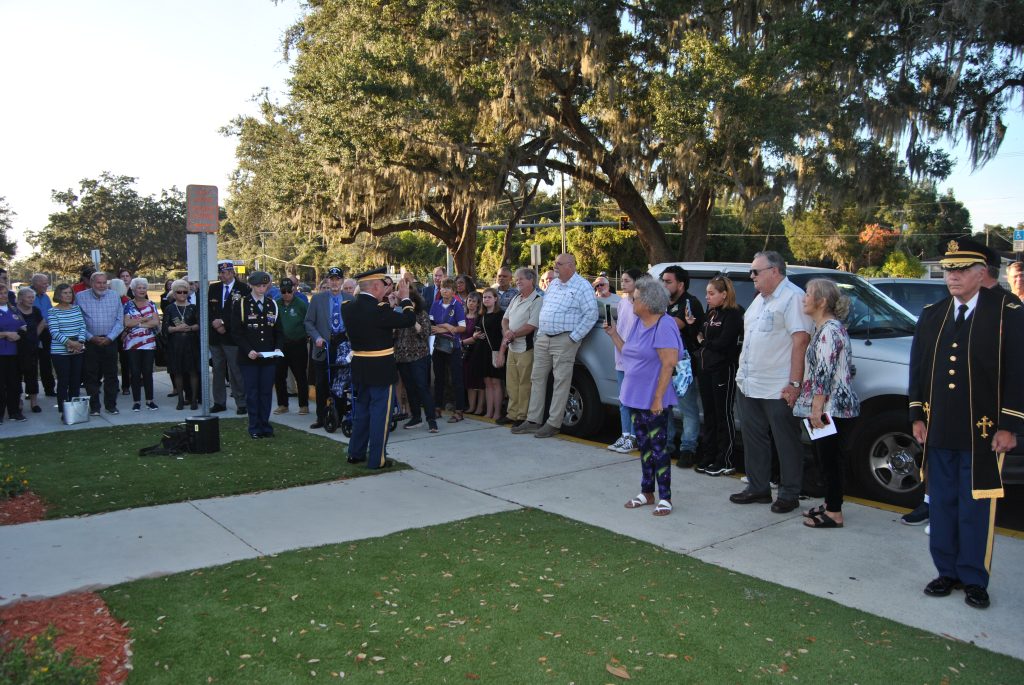 LTC Gunn, Senior Army Instructor, addresses the crowd at the dedication of the memorial.