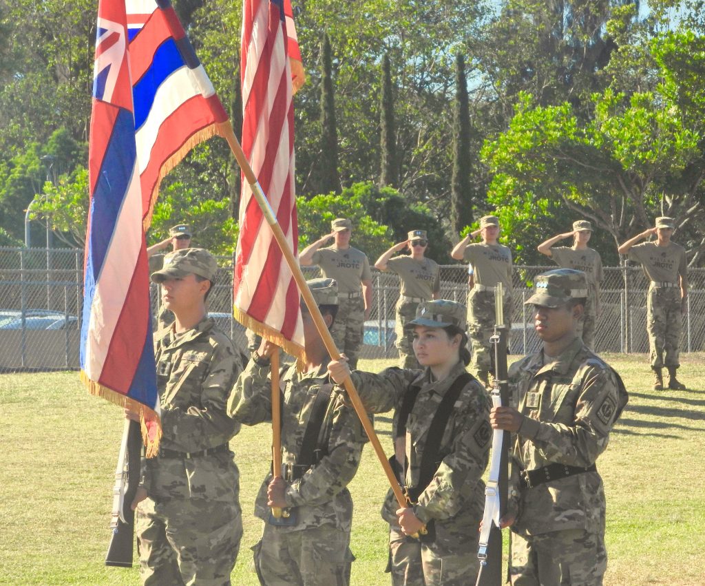 Color Guard from Left to Right (Cadet 1LT Angelo Ducosin, C/CSM Rafael Ortiz, C/MAJ Makayla Miller, and C/CPT Zurell Jackson).