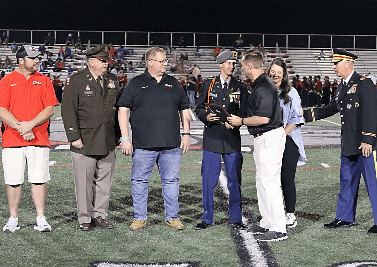 Pictured from left to right are: Dr. Bryan Marshall, Head Principal Brandon High School, LTC (Ret) Ellis Riser, Director of Army Instruction, Rankin County School District, Mr. Alan Young, Father, Cadet Young, Congressman Guest, Brandi Young, Mother, and LTC (Ret) Ron Michael, Senior Army Instructor for Brandon High School.