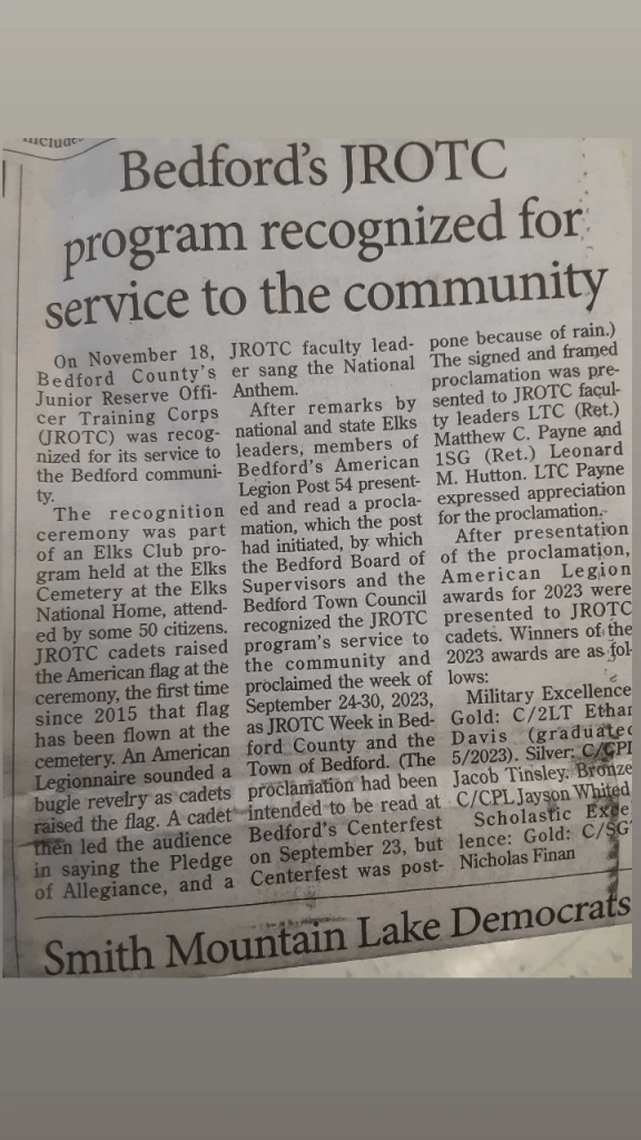 The local newspaper, the Bedford Bulletin, carried the story in their weekly edition.