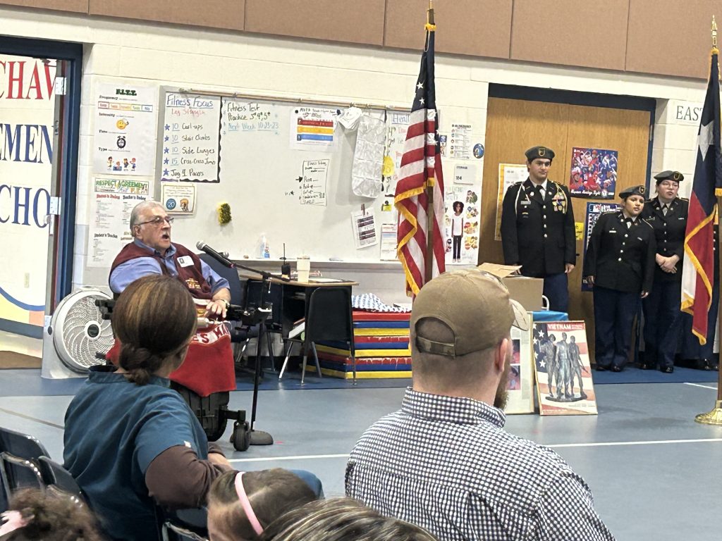 Vietnam Veteran, Marine Sgt Rios gives a heartfelt speech at the Veterans Day Celebration Event at Cesar Chavez Elementary