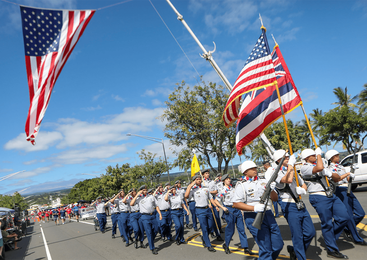 SFC (R) Dustin Amaral (AI) The Hilo High School “Viking” Battalion pays tribute to veterans. CDR, A Company, 1St Viking Battalion performs an “Eyes Right” in front of the viewing stand.