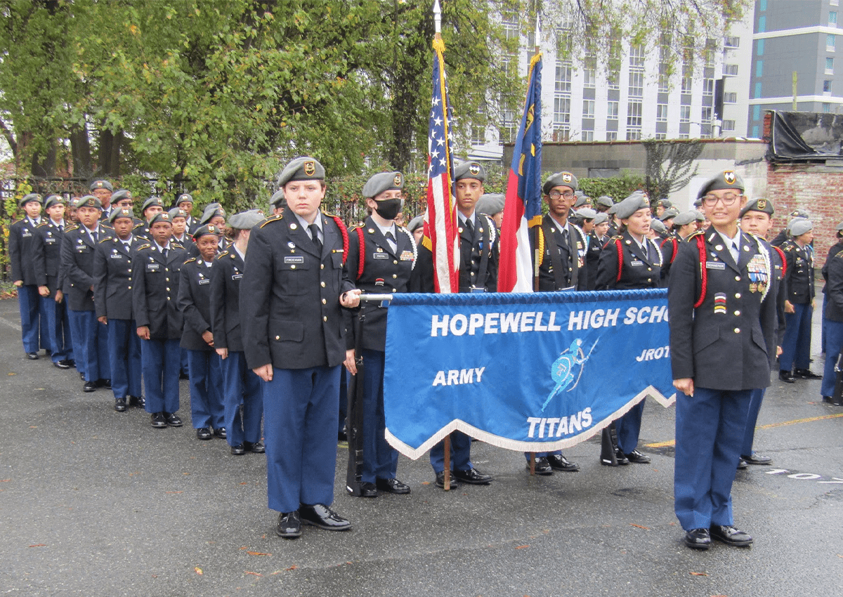Titan Battalion Cadets led by C/LTC Bayley Schaefer preparing for the Charlotte parade