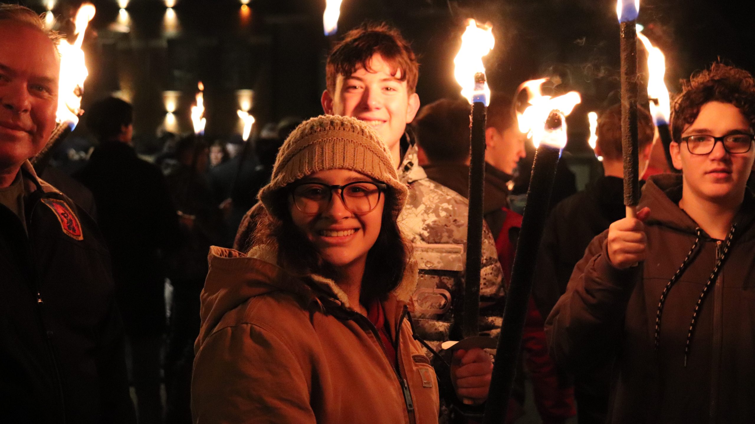 Cadets with instructor, holding torches during the Passchendaele Commemoration and Torch March in Zonnebeck, Belgium