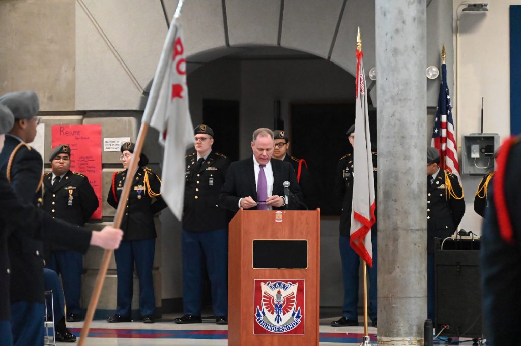 Mayor of Anchorage Dave Bronson speaks with emotion and pride to the Corps of Cadets