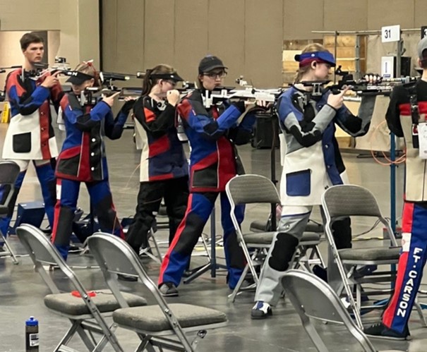A Precision Team from Fountain Fort Carson Shoots from the standing position during the competition.