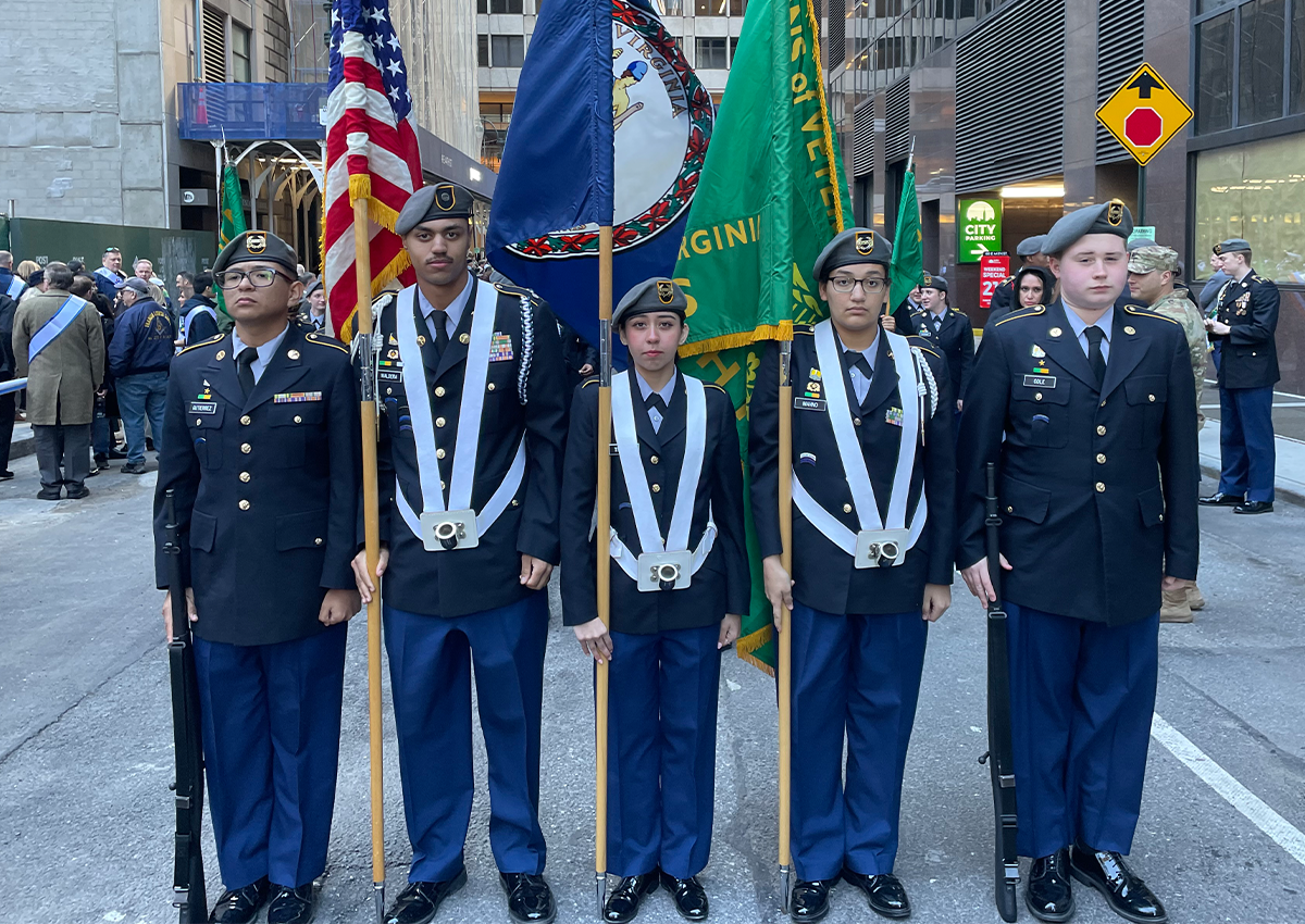 Color Guard: Cadet Gutierres-Paredes; Cadet Waldera; Cadet Trujillo-Figuera; Cadet Manno; and Cadet Odle at the start of the NYC St. Patrick's Day Parade.