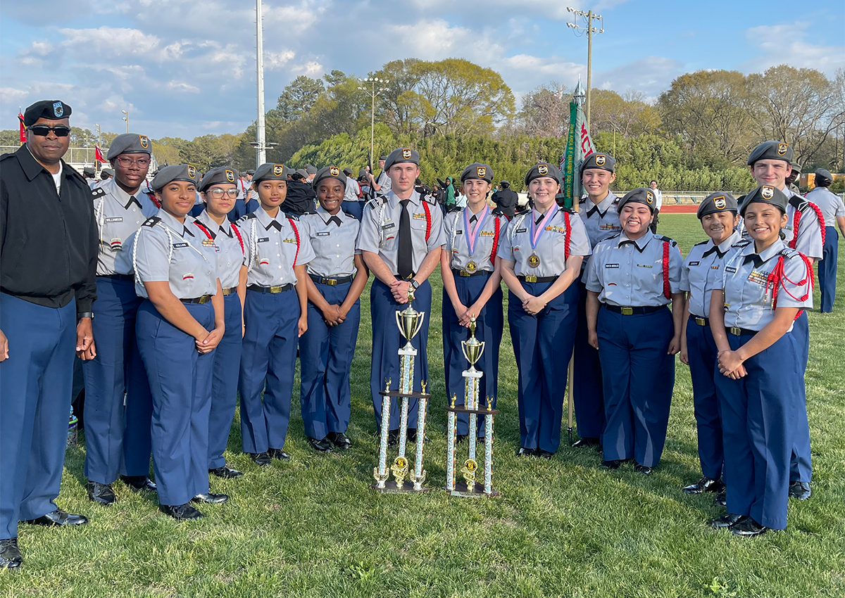 Pictured left to right: 1SG Francisco Ramey (R) Army Instructor, Cadets Chantae Williamson, Giele Collins, Saory Lopez-Gomez, Say Bo, Serenity Pittman, Adam Levi, Brandy Wood & Lindy Wilson ( Placed 5th in Dual Armed Exhibition) Ava Grace-Smith, Daniella Huato MOrales, Sherlyn and Carmen Denova-Antonio and Benjamin Bracken.