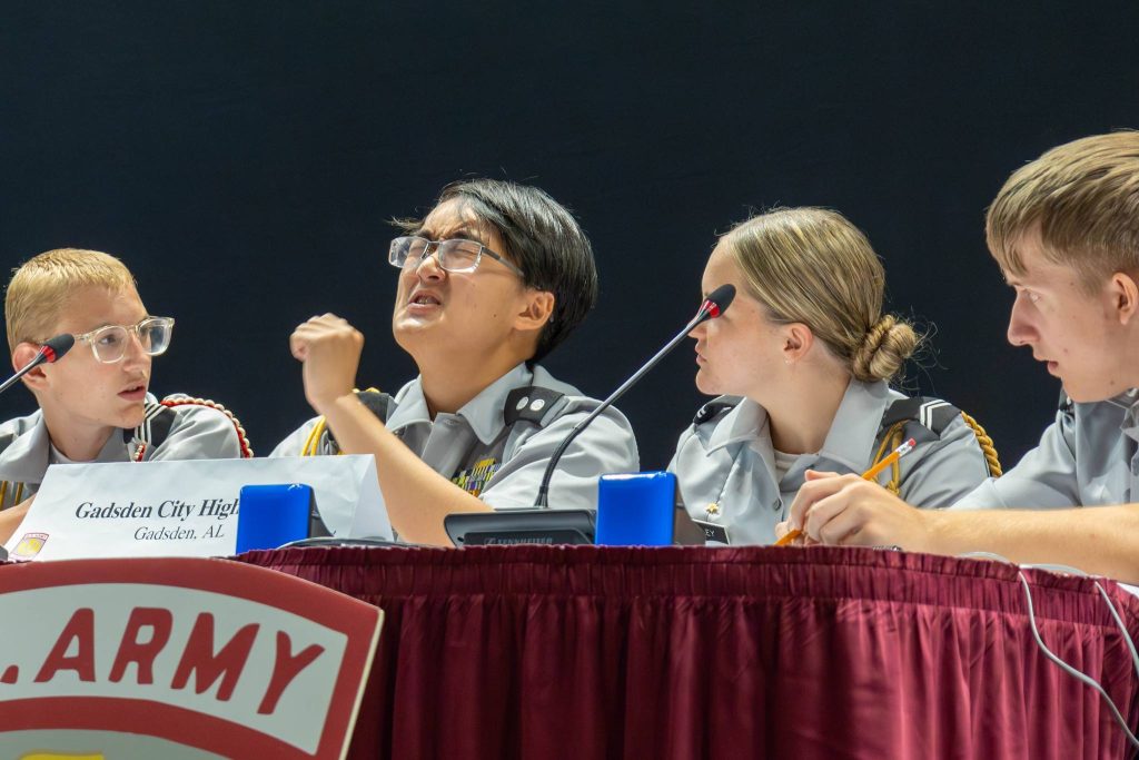 An array of emotions were present as the Army JROTC Academic Team from Gadsden City High School competed in the 2024 Joint Service Academic Bowl Championship on June 23 in Washington. After two days of competition, the top JROTC teams representing the Army, Navy, Air Force, and Marine Corps met on a national stage to determine a champion in a Jeopardy-style competition. | U.S. Army photo by Sarah Windmueller