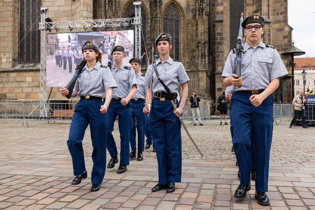 Photo Name: Ansbach P10
Names: (From Left to Right) Cdt/SFC Jazlyn Symak, Cdt/PFC Lucas Hendrixson, Cdt/PFC Josuah Serna, Cdt/1LT Lauren Moseley, Cdt/SFC Marlin McCaskill
Caption: Ansbach JROTC Cadets perform drill routine at Liberation Festival 2024