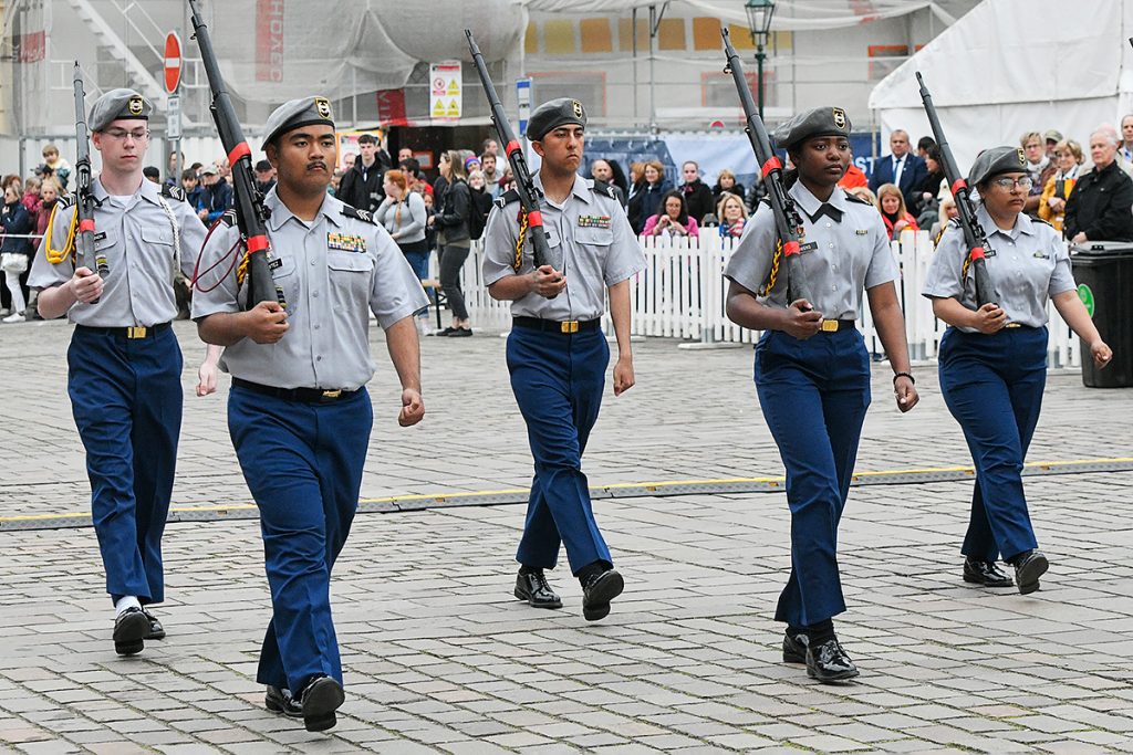 Names: (Left-Right) Cadet Gannon, Nicholas Cadet Benitez, Jaiden Cadet Behl, Michael Cadet Owens, LaShaya Cadet Palomarez, Jade
Photo Credit: City of Pilsen
Caption: Vilseck JROTC Cadets perform drill routine at Liberation Festival 2024