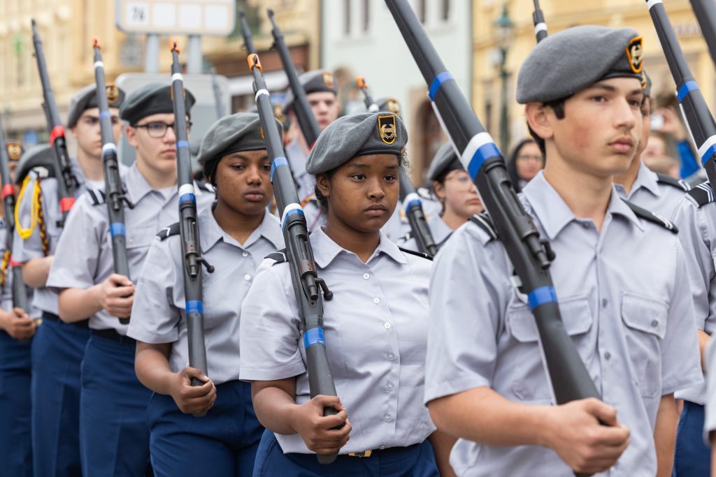 Names: (Front to Back left row) Cdt/SGT Nolan Aranha, Cdt/PVT Violet Richards, Cdt/PVT Caylee Wright Cdt/MSG Marlin McCaskill
Caption: Ansbach JROTC Cadets perform drill routine at Liberation Festival 2024
