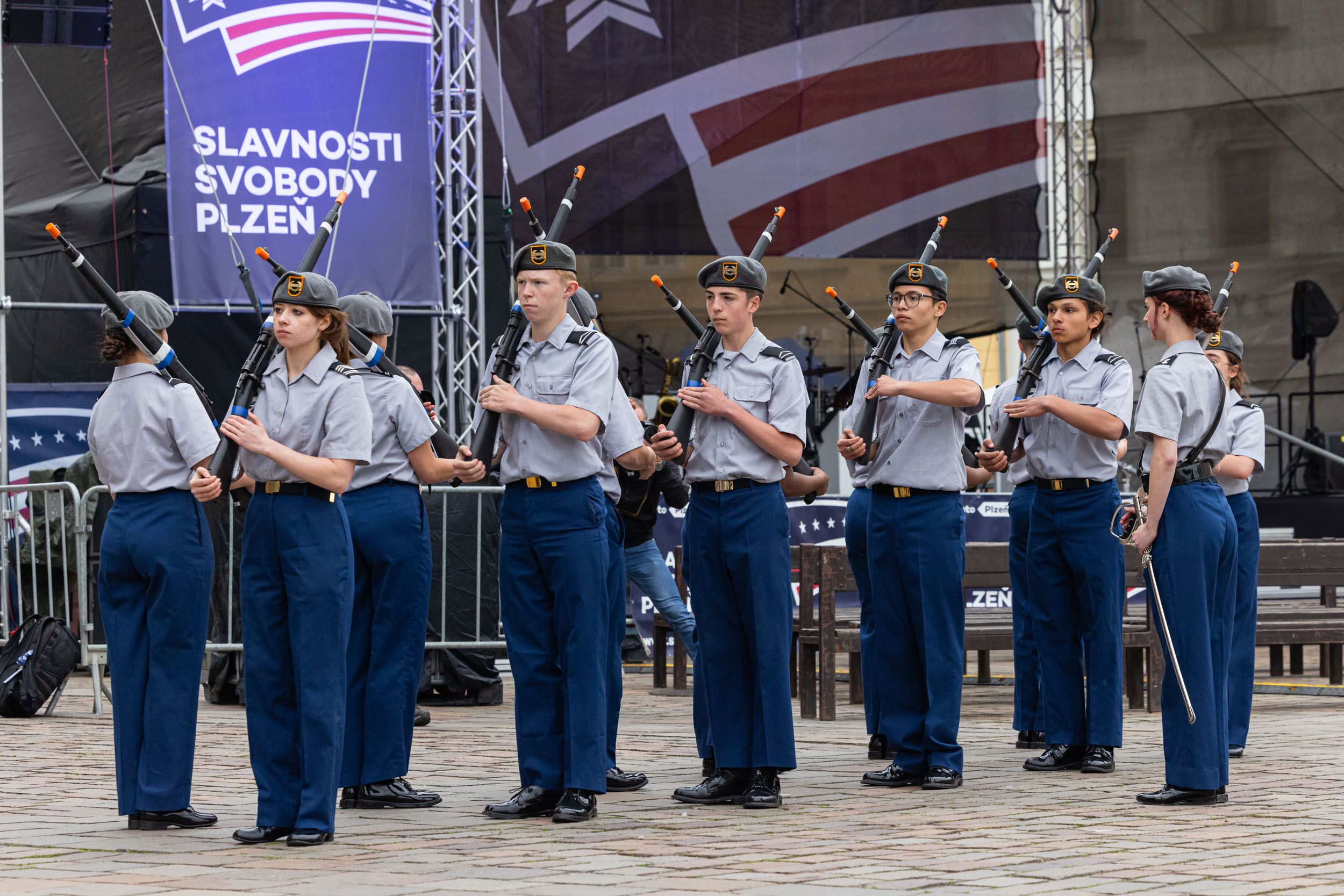 Photo Name: Ansbach P8 Names: Ansbach Middle High School 9th JROTC Cadets Caption: Ansbach JROTC Cadets perform drill routine at Liberation Festival 2024