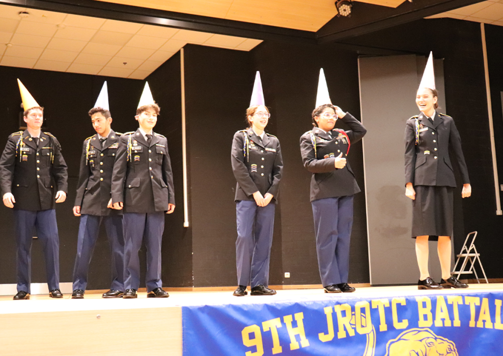 (left to right): Cdt/1LT Bryson Clark, Cdt/SGT Orlando Roman, Cdt/PFC Nolan Aranha, Cdt/CPL Cora Kline, Cdt/2LT Vanessa Bobbitt and Cdt/PVT Minka Larson