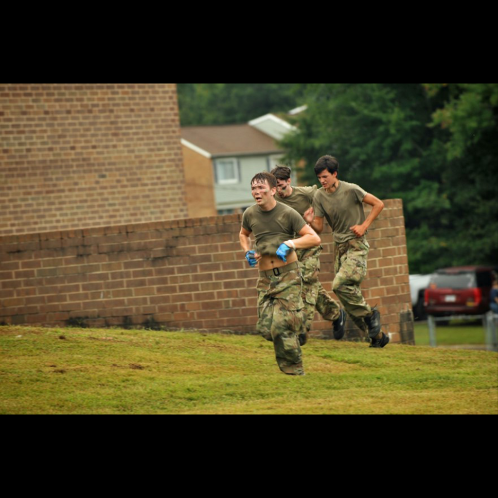 C/1SG Bates, Person High School JROTC sprints the last 50 meters of the 5K run during the Person High Inaugural Raider Team Competition, September 14, 2024, in Roxboro, NC. (Photo by C/1LT Gracie Brooks, PHS JROTC)