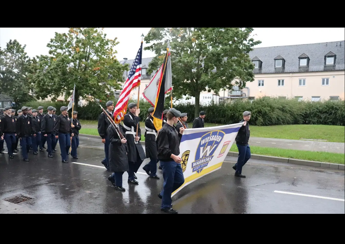 C/CSM Martinez leads the cadets through the streets of Clay Kaserne. (Photo take by C/CPL Preston Blake)