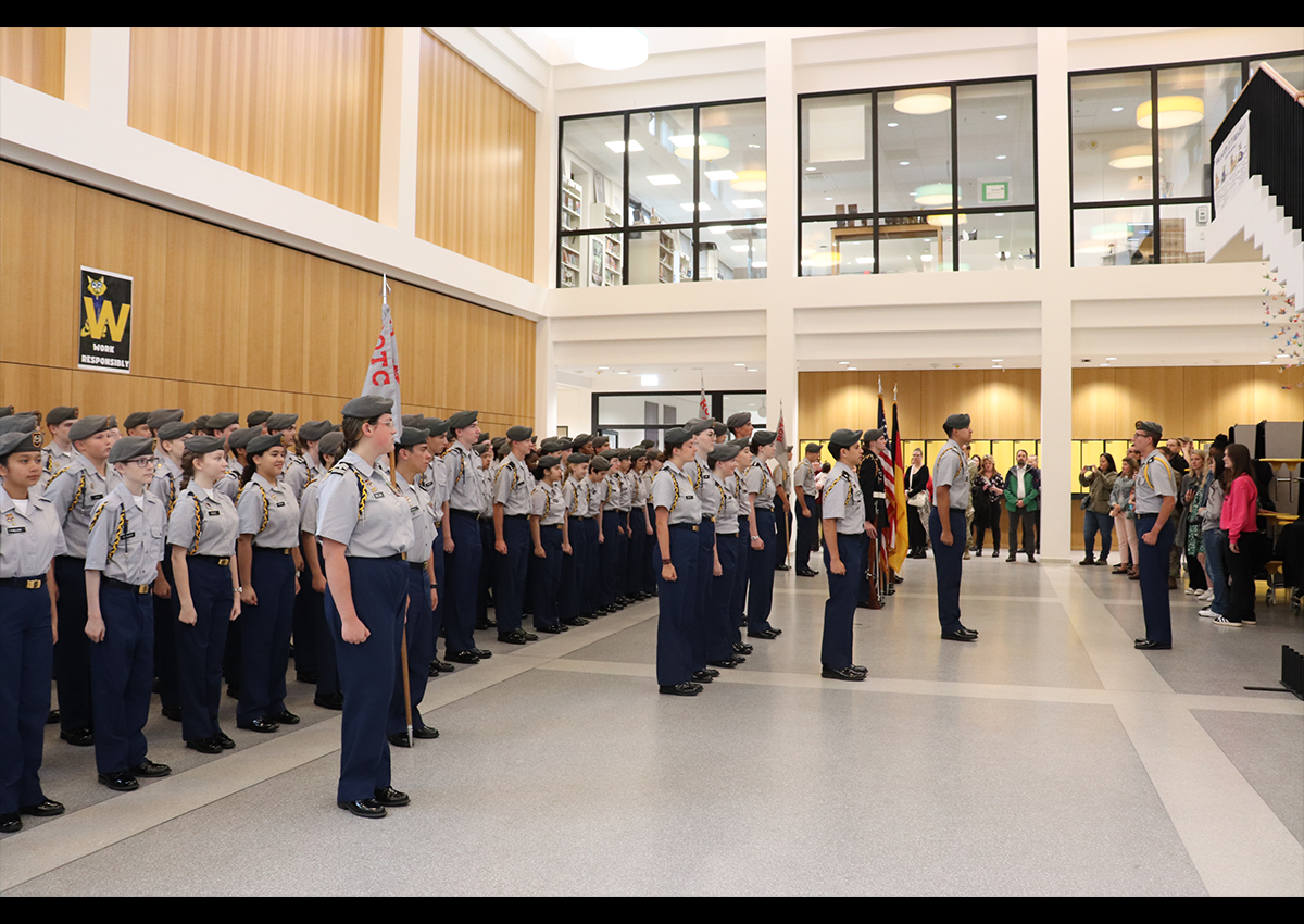 C/LTC Jacob Barnes calls the battalion to attention at the conclusion of the ceremony. (Photo taken by C/1LT Anna-Victoria Westcott)