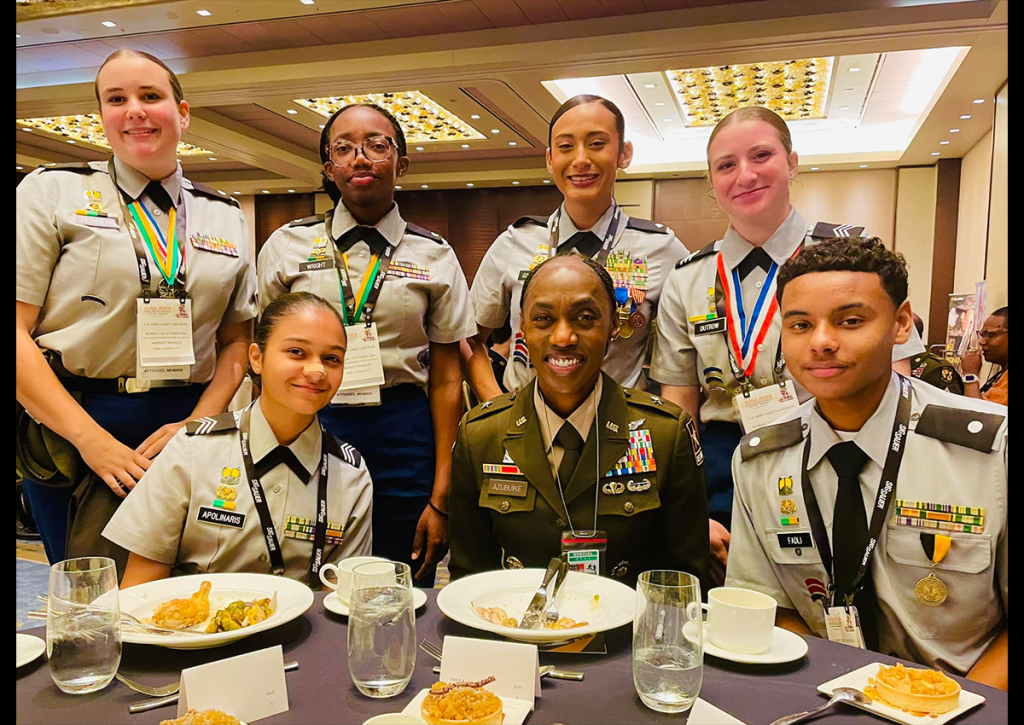 Woodbridge Senior High School Viking Battalion Cadets enjoy lunch and professional development with BG Amanda Azubuike, Chief, Public Affairs at AUSA 2024.