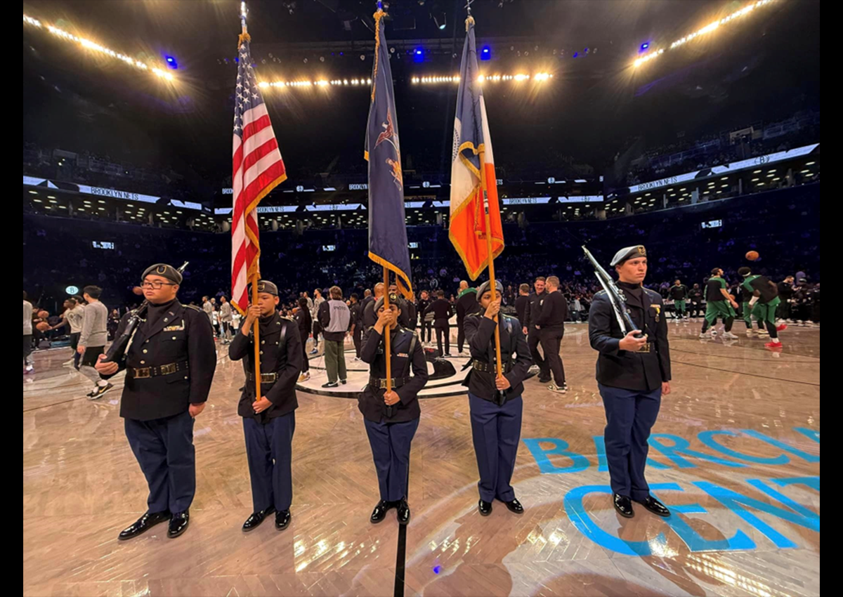 (from left to right), Cadet Jake Mo, Cadet Nathan Chen, Cadet Victoria Lizama, Adrianna Guerrero, and Cadet Luis Idrizi.