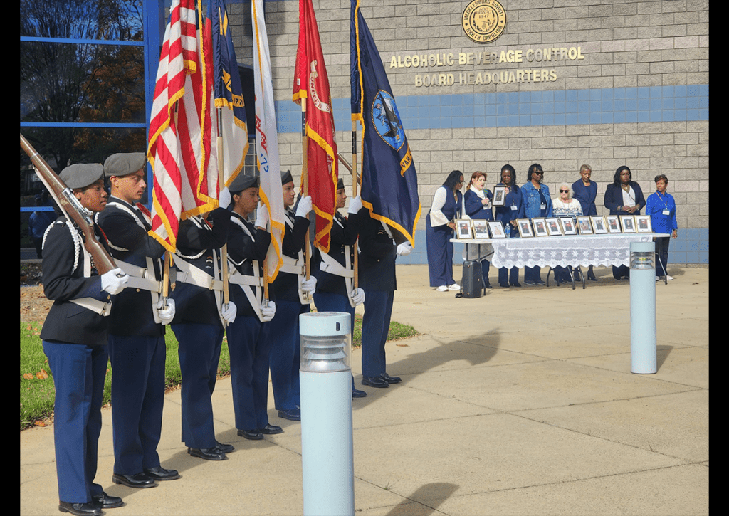 Rocky River High School Honor Guard (L to R Cadet Major Nicole Johnson, Cadet CSM Jacob Obando, Cadet CPT Daniela Gavira, Cadet SGT Sasha Munoz, Cadet CPL Karina Saravia, Cadet CPT Karol Palacios-Bautista, and Cadet 1LT Gia Bui)