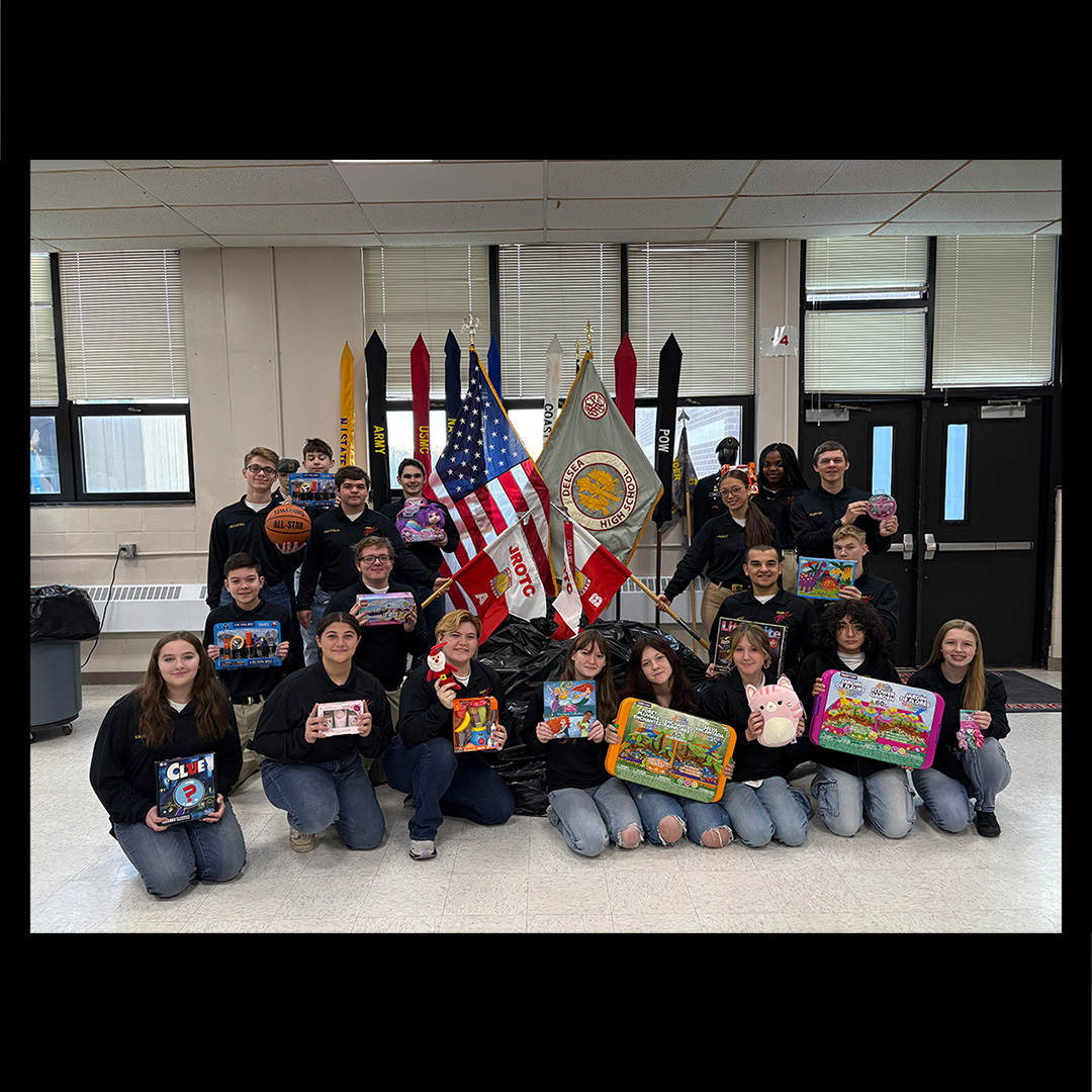 (Photo Credit: Cadet CPT Mike Jusko, Bn S5/PAO) The Delsea Regional HS Army JROTC Service Learning Project Team with 300 toys collected, ready to deliver to the Gloucester County Toys For Tots warehouse!