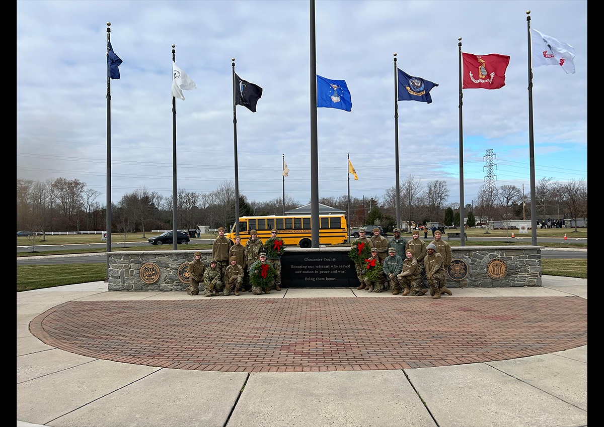 The entire Delsea Regional High School Army JROTC Servicve Learning Project Team in front of the Gloucester County Veterans Cemetery. (Photo Credit: SAI)