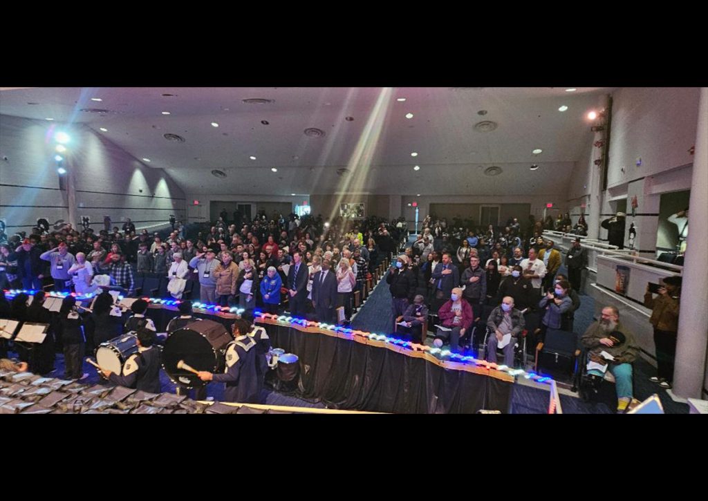 Assembly for Wreaths Across America convoy personnel, veterans, and Hillhouse JROTC cadets, students and faculty.