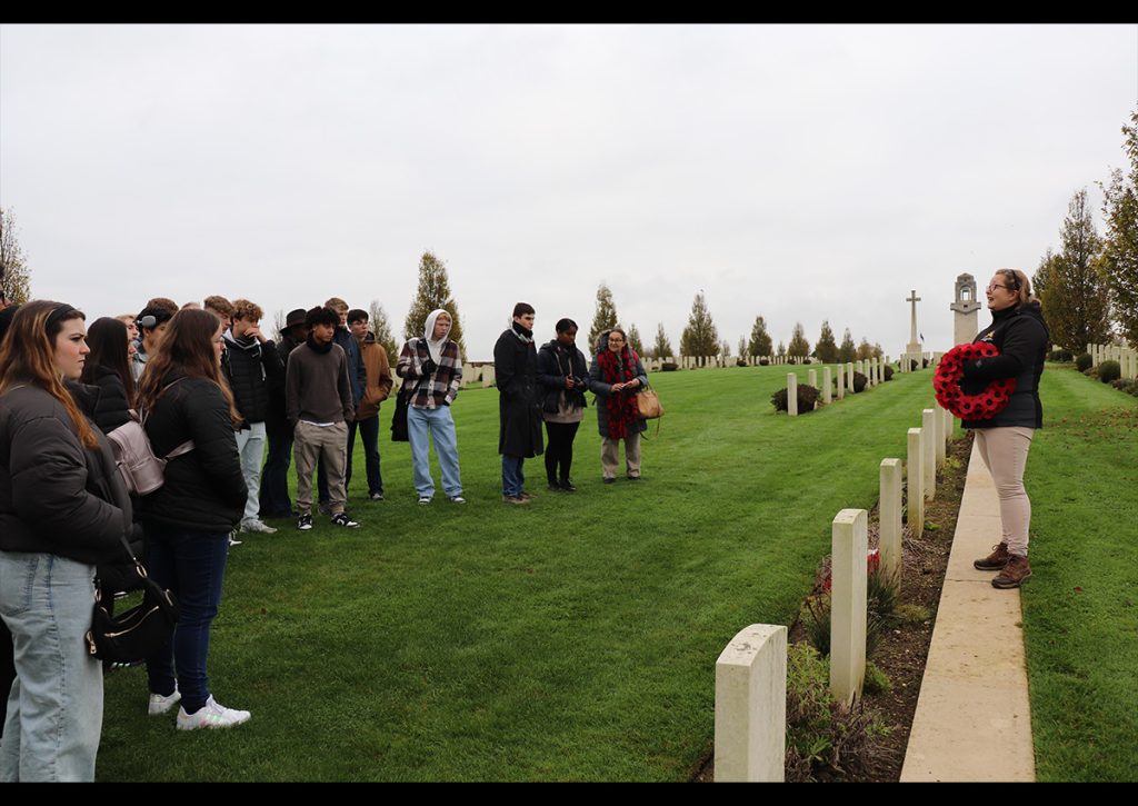 Photo Name: AnsbachVDT10 Names: 9th JROTC Battalion Cadets Photo Credit: Cdt/MSG Ethan Serna Caption: Cadets listen to a guide at the Sir John Monash Centre on the grounds of the Villers-Bretonneux Cemetery, Fouilloy, France