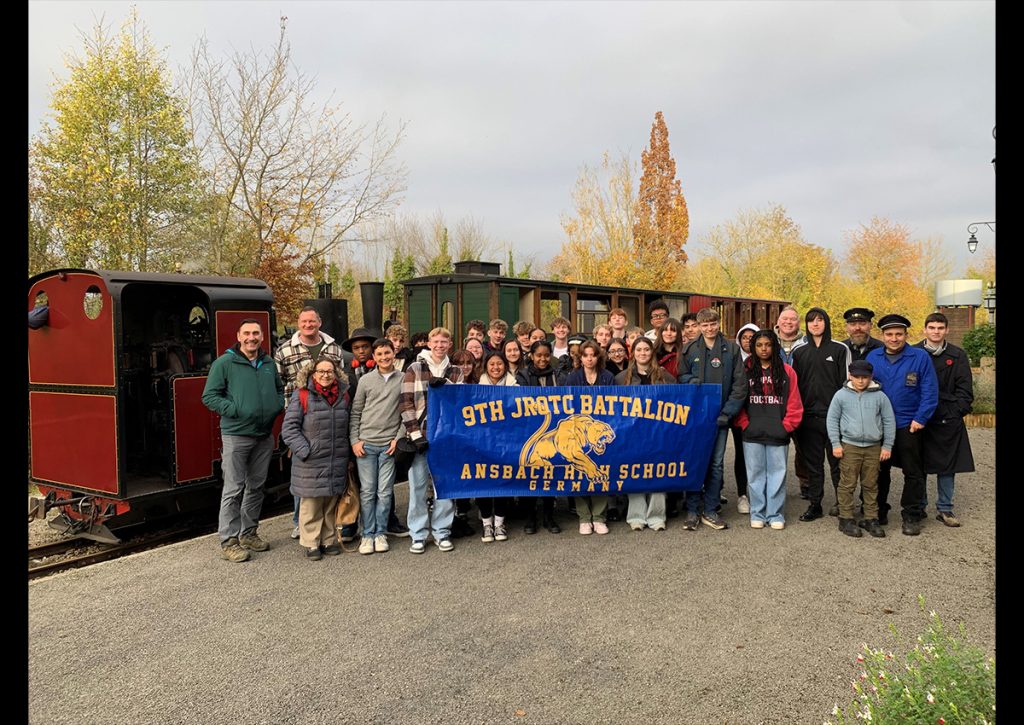 Photo Name: AnsbachVDT15 Names: 9th JROTC Battalion Cadets and chaperones Photo Credit: Mr. Adam Sullivan Caption: 9th JROTC Battalion at the Little Train of the Somme Museum