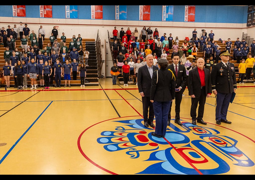 Senator Dan Sullivan, AK, Anchorage School District Superintendent Dr. Jharrett Bryantt, and Cadet Iparraguirre