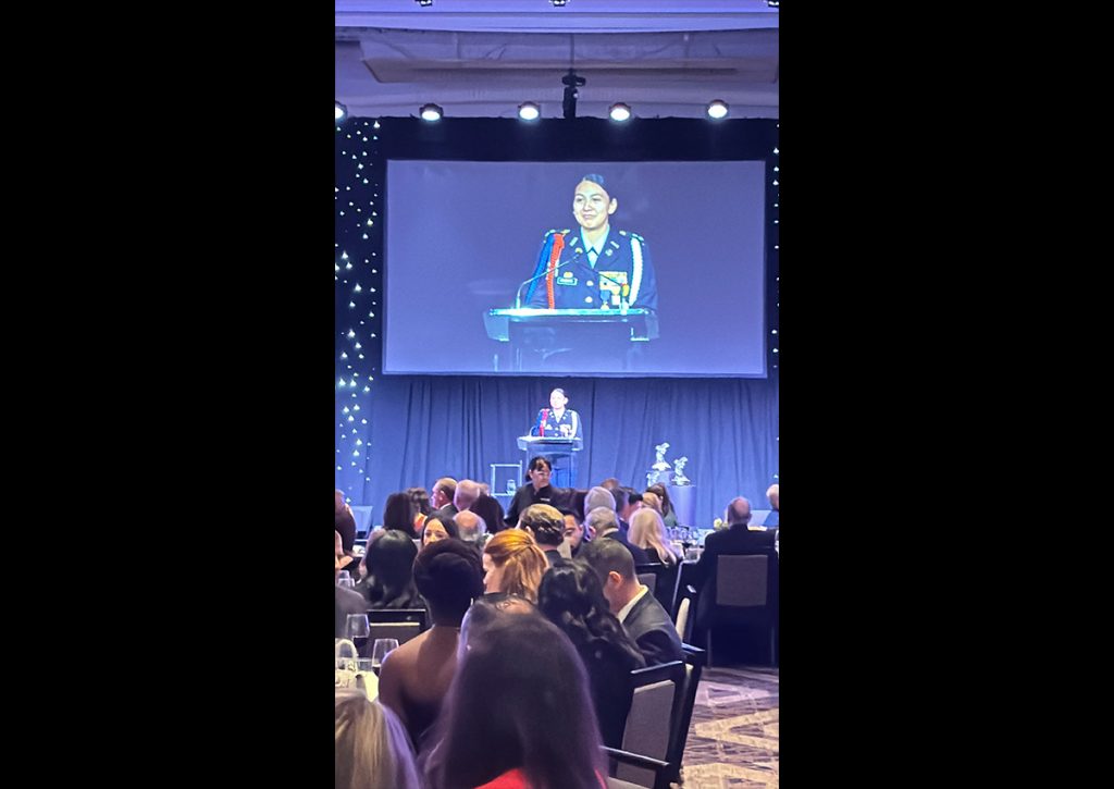 C/LTC Huerta giving her Junior Achievement experience speech during the Junior Achievement SA Business Hall of Fame Fundraising dinner on March 18, 2025.