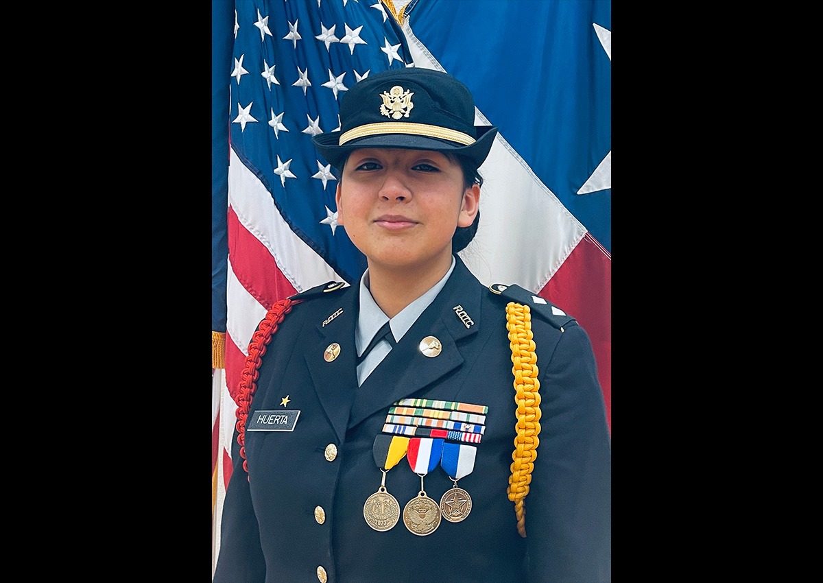 C/LTC Esmeralda Huerta, posing for staff photo on August of 2024 at Thomas Jefferson High School JROTC Armory.