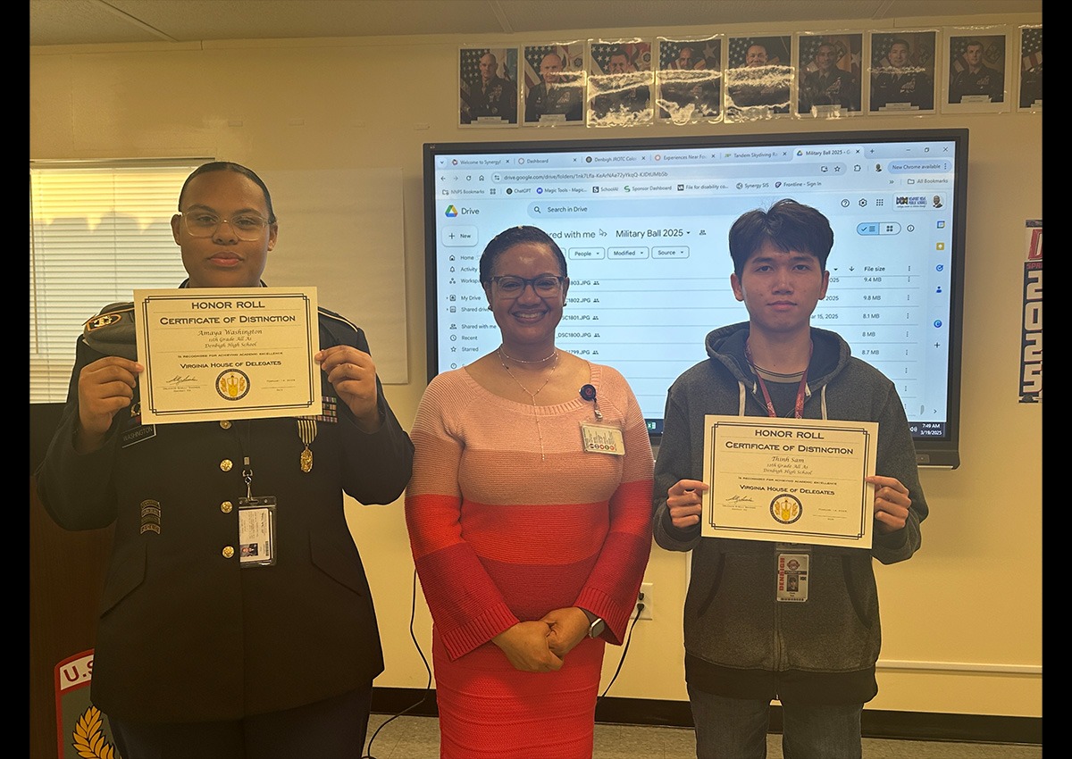 Denbigh High School JROTC Cadets Thinh Sam and Amaya Washington were recently recognized by Delegate Shelly A. Simonds of the Virginia General Assembly and Virginia House of Delegates for their outstanding academic excellence and achievement. Cadet Thinh Sam, who maintains an impressive 4.33 GPA, and Cadet Amaya Washington, who holds a 3.91 GPA, have demonstrated exceptional performance in their studies while balancing the rigorous demands of JROTC.