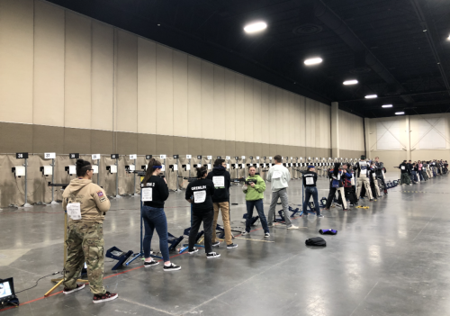Top 8 Army JROTC Cadets in Finals for Sporter (first 8 on left side) and top 8 Army JROTC Cadets in Finals for Precision (next 8 on right side)